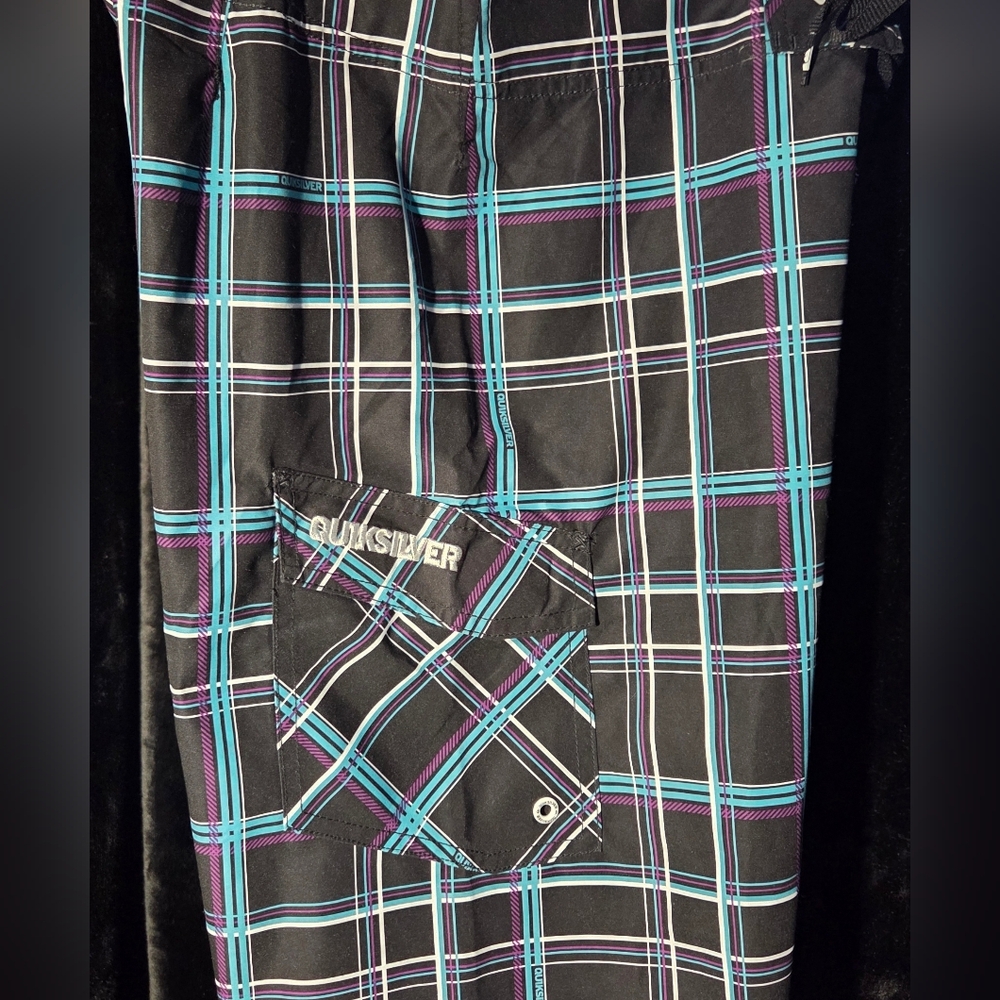 Quiksilver Youth ('14) Black Plaid Swim Shorts with Teal & Purple Stripes